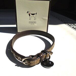 NEW COACH BROWN LEATHER JACQUARD SIGNATURE C DOG PET COLLAR 4003 SIZE MEDIUM